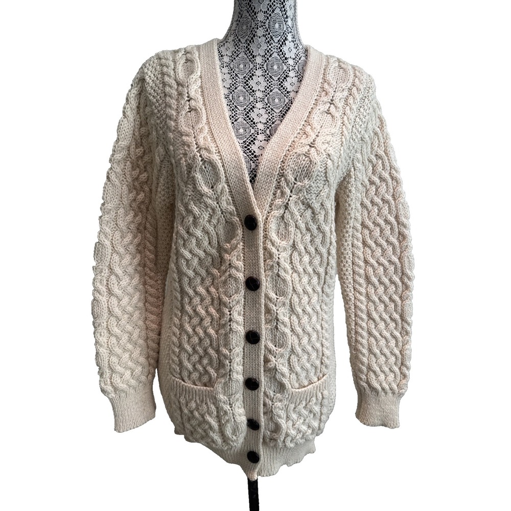 Inis Crafts Ireland Cream Merino Wool Medium Knit Cardigan Sweater Cottage Core